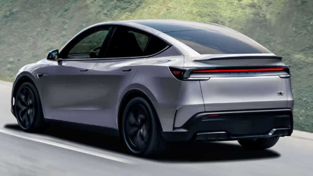 Side rear view of a Tesla Model Y.