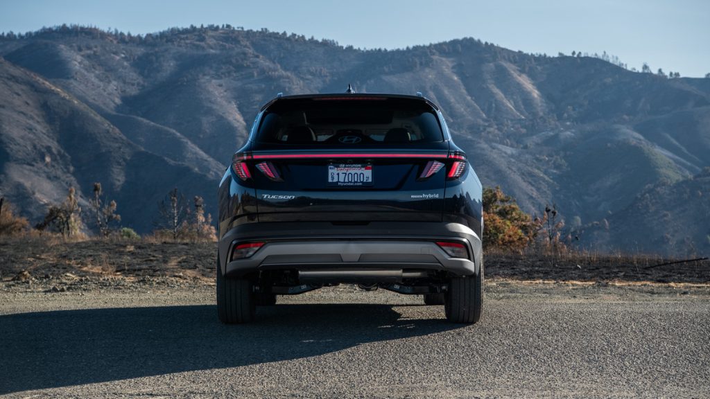 Rear view of a parked 2026 Hyundai Tucson Hybrid.