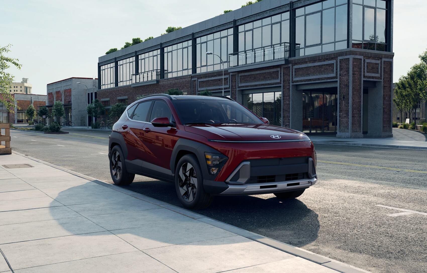 Red Hyundai KONA on city street
